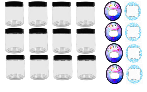 Slime Storage Container Jars with Lids – 12 Pack – 8.5 oz. Clear Slime Craft Jars with Lids and 2 Sets of Labels. Empty Leak Proof Slime and Craft Storage Jars, BPA Free (A13)