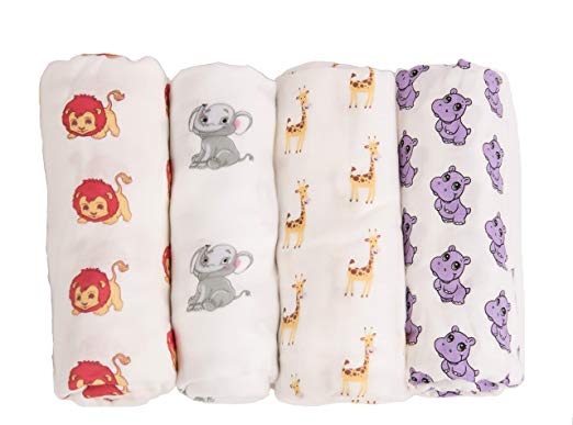 Classic Swaddle Baby Blanket, 100% Cotton Muslin Swaddler Large 47 x 47 inch , 4 Pack Safari Theme Elephant / Lion / Hippo / Giraffe, Baby Infant Toddler, Pre-washed Super Soft 100% Cotton Muslin (A4)