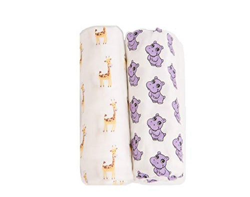 Baby Swaddle Blanket Silky Soft Bamboo Muslin for Boys and Girls, Giraffe and Hippo Large 47 X 47 inch, Set of 2 Safari Theme (A2)