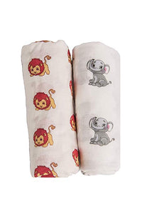 Baby Swaddle Blanket Silky Soft Bamboo Muslin for Boys and Girls,Elephant and Lion-  Large 47 X 47 inch, Set of 2 Safari Theme (A3)