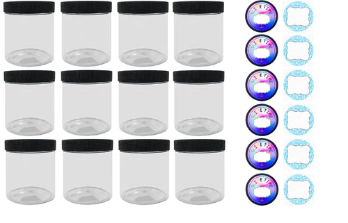 Slime Storage Container Jars with Lids – 12 Pack – 4 oz. Clear Slime Craft Jars with Lids and 2 Sets of Labels. Empty Leak Proof Slime and Craft Storage Jars, BPA Free (A12)