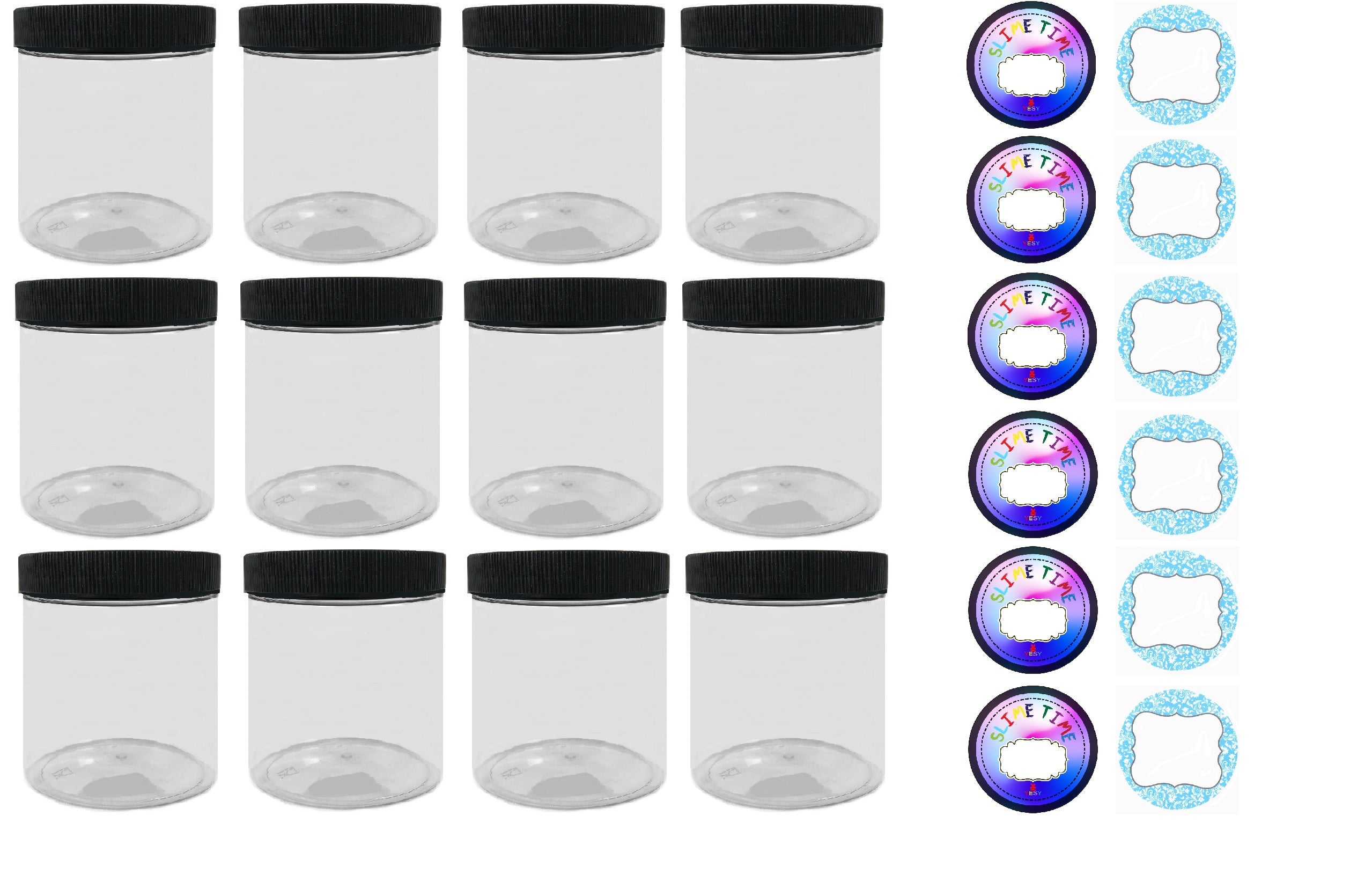 4 Ounce Empty Clear Plastic Slime Jars With Lids and Labels 12 pack