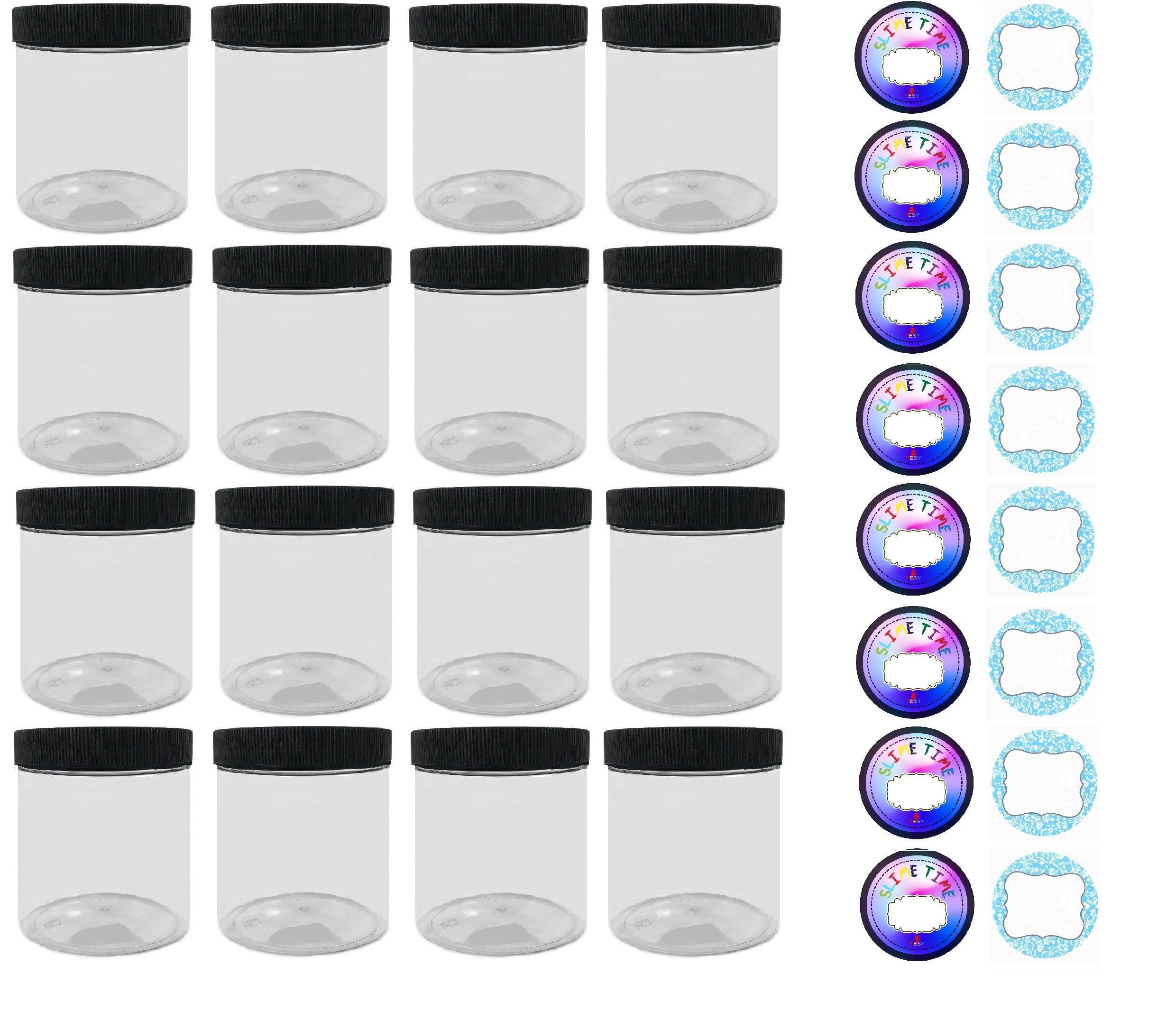 4 Ounce Empty Clear Plastic Slime Jars With Lids and Labels 12 pack