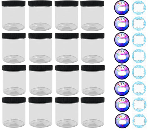Slime Storage Container Jars with Lids – 16 Pack – 4 oz. Clear Slime Craft Jars with Lids and 2 Sets of Labels. Empty Slime and Craft Storage Jars, BPA Free (A14)