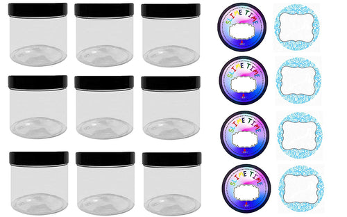 Slime Storage Container Jars with Lids – 9 Pack – 13.5 oz. Clear Slime Craft Jars with Lids and 2 Sets of Labels. Empty Leak Proof Slime and Craft Storage Jars, BPA Free (A15)